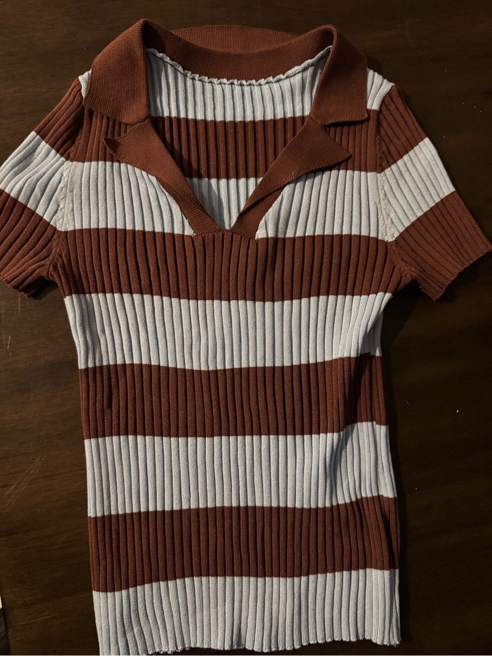 Striped Ribbed Polo Tee in Brown & baby blue